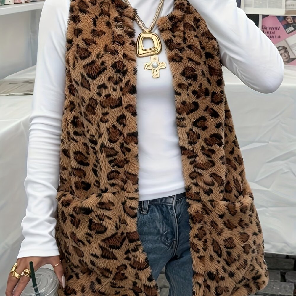 Unbranded Brown‎ Cheeta Print Casual Open Sweater Furry Vest Coat NEW Sz M